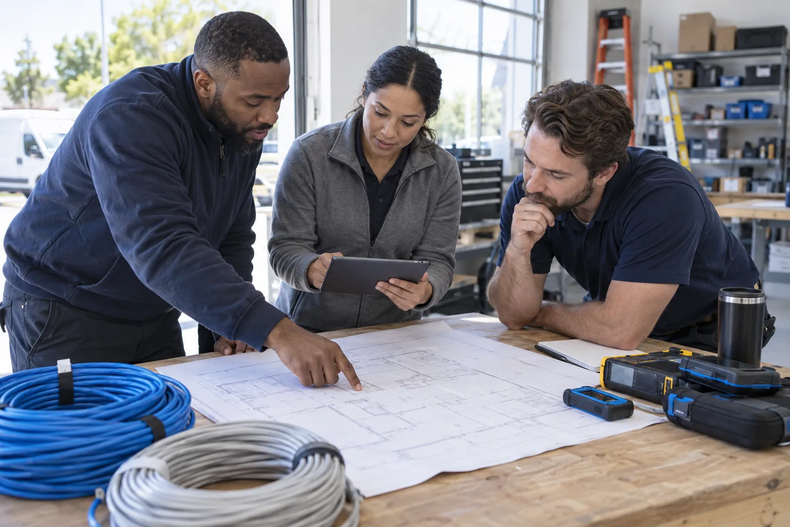 AI-generated illustration of technical professionals planning an installation